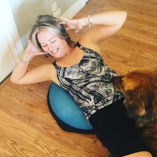 My dog!! KayLee is very busy helping me work my obliques with the BOSU🏼. And I don't mind mentioning I'm down a few pounds after cutting out my beloved soda pop🏻. Make it happen🏻 #dog #doglife #kayleedog #bosu #obliques #abs #weightloss #imisssoda oh and how can I forget! Hair by @elizabeth_styling ! Thank you, I felt oh so sexy with my fresh cut and color, only to get it all sweaty🏼 #glamworkout