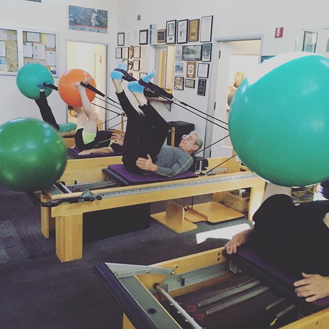 Just when you have it all figured out - ball goes flying. #reformer #feet instead #bigball #innerthigh #abs #gracefulpilates #livermore