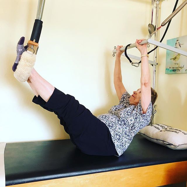 My 75 year old client! Look at her piking on the Pilates Cadillac. The bar was squeaking a little and she asks “is that me”?. As in, is that MY joints or is that the Cadillac joints....oh my gosh. She’s so cute I laughed till I cried.#gracefulpilates #livermore #pilatescadillac #pike #powerhouse #core #abs #abdominalworkout #ageisjustanumber #youreasyoungasyoufeel