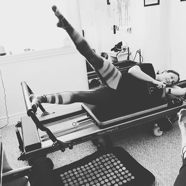Workin it! Side lift on reformer with a little push in and out with left leg. Great booty stuff#reformer #booty #butt #buttstuff #rightandleftbuttwork #greatform #pointedtoe #pullinabs #getitgirl